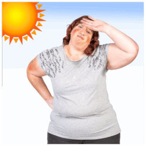 A woman in a gray shirt wipes her forehead and looks tired under a bright sun in a blue sky, suggesting she is feeling hot—an image that can represent different communication needs in challenging environments.
