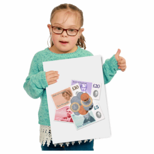 A young girl with glasses and a turquoise sweater holds a white board displaying British currency notes and coins, giving a thumbs up to highlight Support with Extra Costs: DLA and PIP.