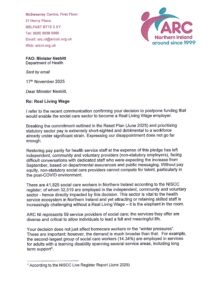 A formal letter from ARC Northern Ireland to Minister Nesbitt, referencing Celebrating Excellence at ARC's AGM, expressing concern about postponing funding for the Real Living Wage in social care, with the ARC logo and contact details at the top.